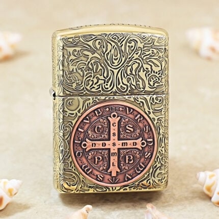 KZ498 Zippo Armor brass front with copper St Benedict cross medallion