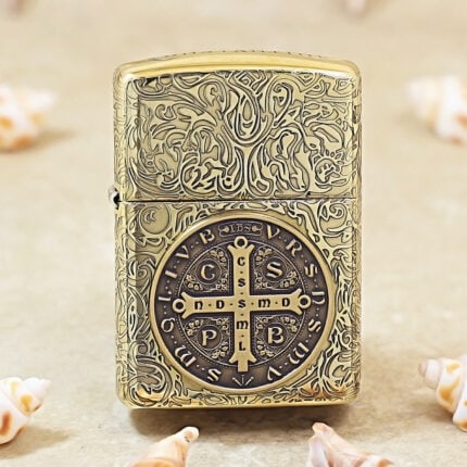 KZ499 Zippo Armor brass front with St Benedict cross medallion