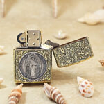 KZ500 open lighter showing silver St Benedict figure medallion
