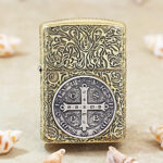 KZ500 Zippo Armor brass front with sterling silver St Benedict cross medallion