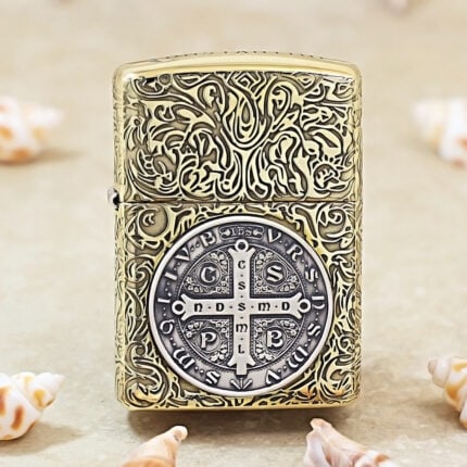 KZ500 Zippo Armor brass front with sterling silver St Benedict cross medallion
