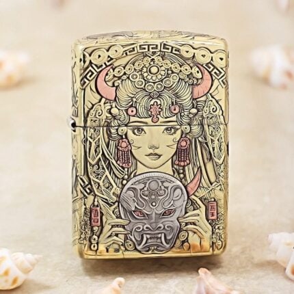 KZ501 brass Zippo Armor lighter with Zakiram woman and protective mask engraving
