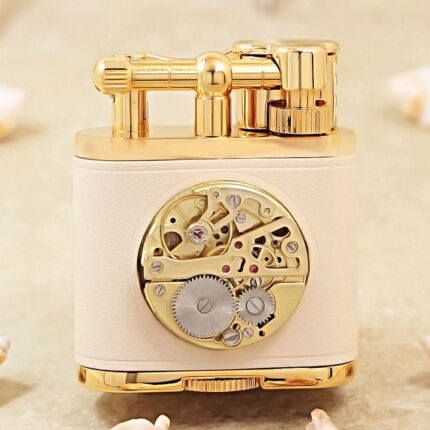 Karl Wieden K597-001B pink leather petrol lighter with circular mechanical ornament, front view