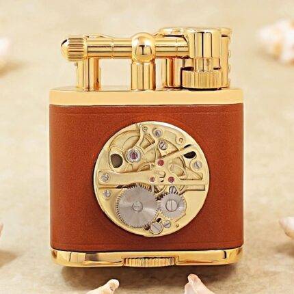Karl Wieden K597-001C brown leather petrol lighter with circular mechanical ornament, front view