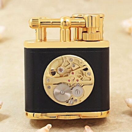 Karl Wieden K597-001D black leather petrol lighter with circular mechanical ornament, front view