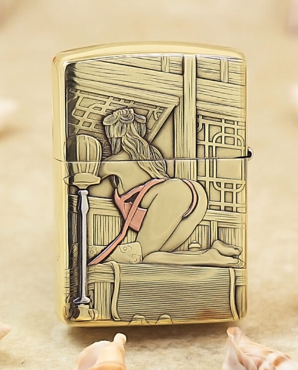 KZ506-01 Decorative lighter with a vintage pin-up woman in lingerie posed against an ornate background