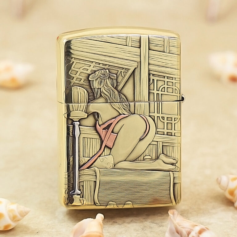 Decorative lighter with a vintage pin-up woman in lingerie posed against an ornate background