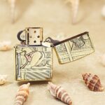 KZ506 ornate engraved brass Zippo Armor lighter shown open from the reverse