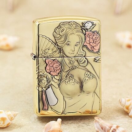 KZ506 brass Zippo Armor lighter with ancient-costume beauty, fan and pink flowers