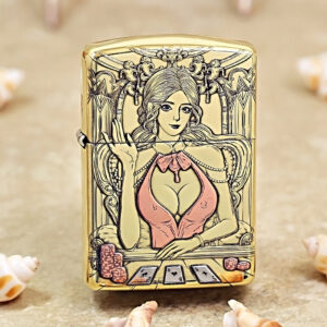 Gold Zippo lighter with an ornate illustration of a woman in a pink top seated at a poker table with cards and chip stacks.