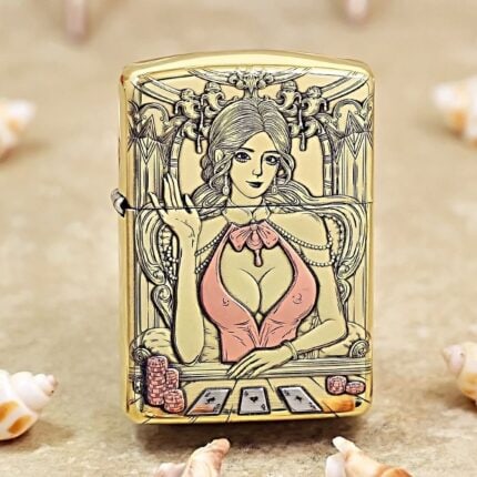 KZ508 brass Zippo Armor lighter with Casino Dealer, poker cards and chips
