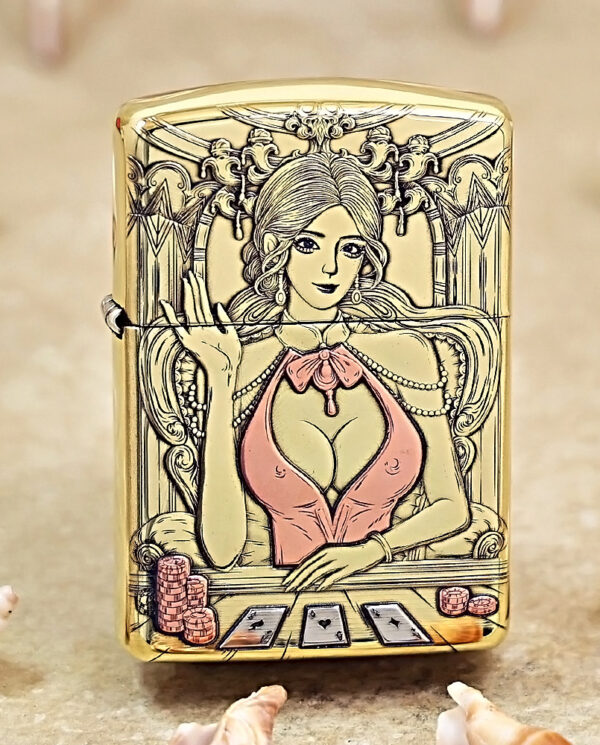 Gold Zippo lighter with an ornate illustration of a woman in a pink top seated at a poker table with cards and chip stacks.