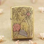 KZ509 brass Zippo Armor lighter with Flower Fairy portrait and blossoms