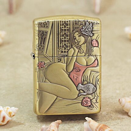 KZ510 brass Zippo Armor lighter with Art Deco beauty and pink swimsuit artwork