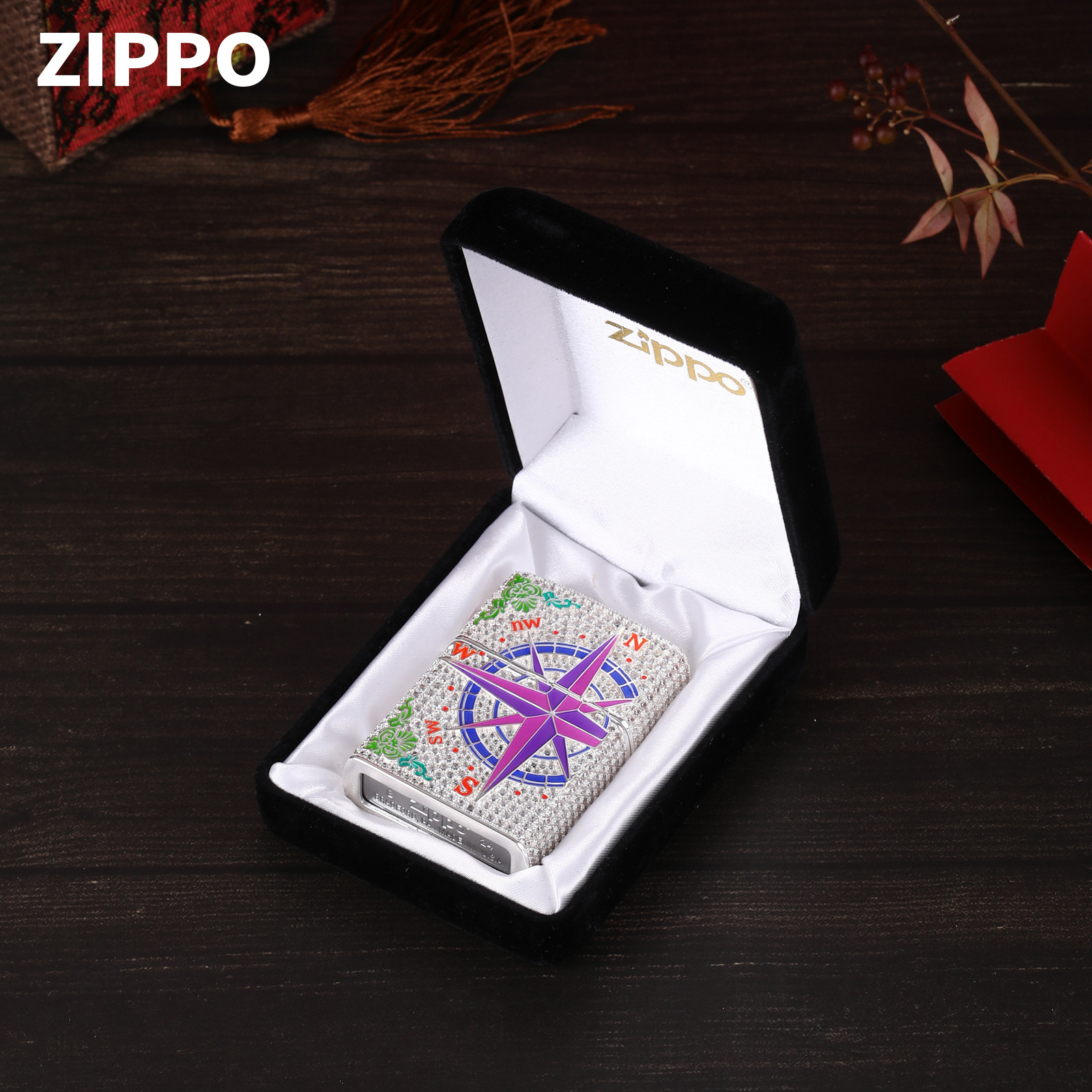 Zippo Luxury Swarovski Silver Crystal Compass Lighter