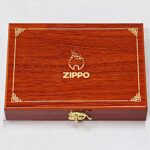 KZ554 closed wooden Zippo presentation box with gold-tone trim