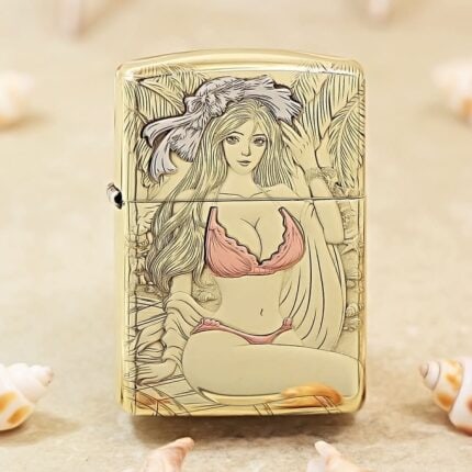 KZ555 high-polish brass Zippo Armor lighter with pink-accented Beach Beauty artwork