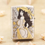 KZ370 beach woman in yellow hat and flowing outfit engraving, reverse panel