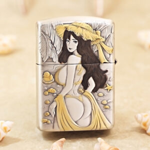 Decorative metal lighter with a cartoon-style woman in a yellow hat and flowing dress on a beach, surrounded by shells.