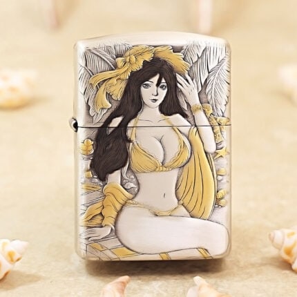 KZ370 silver-tone Zippo Armor lighter with Beach Beauty and tropical leaf artwork