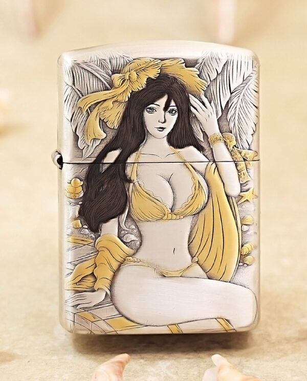 KZ370 Decorative lighter featuring a drawing of a woman in a yellow bikini among tropical leaves, with yellow accents and shells nearby.