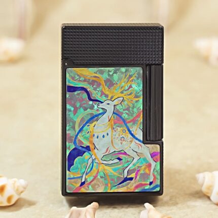 Karl Wieden KW-T021021A Leaping Deer butane lighter with black textured lid, pale deer and green mosaic-effect front panel