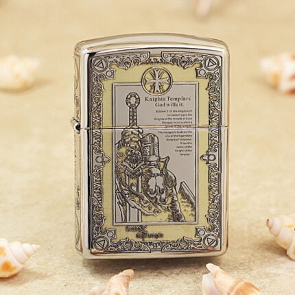 KZ114 high-polish chrome Zippo Armor lighter with Knights Templar engraving