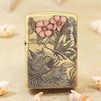 KZ135 brass Zippo Armor lighter with wolf, butterfly and pink floral engraving