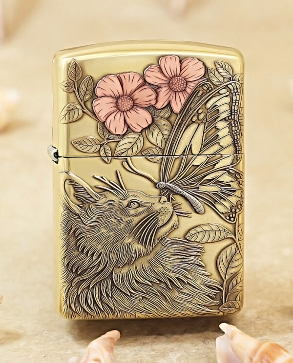 KZ135 Beige metal lighter with a detailed engraving of a wolf, butterfly, and pink flowers among leaves.