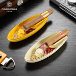 CigarLoong CL-016 floral inlay single-cigar ceramic ashtray with gold trim