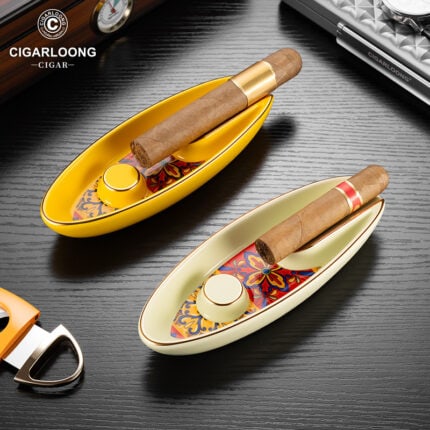 CigarLoong CL-016 floral inlay single-cigar ceramic ashtray with gold trim