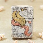 Reverse view of the sterling silver Zippo Armor lighter with nine-tailed fox tails and colored accents
