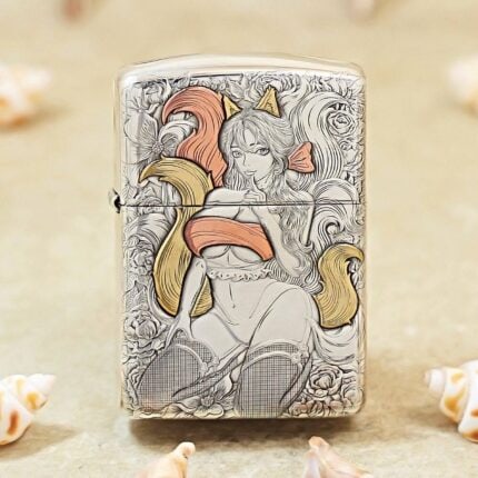 Front view of the nine-tailed fox five-side engraved sterling silver Zippo Armor lighter