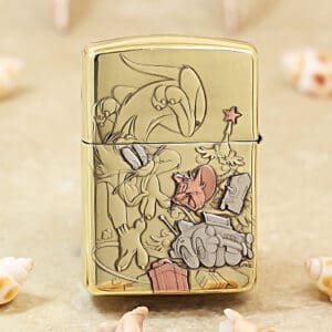 KZ117-01 Gold Zippo lighter with an engraved cartoon scene showing a rabbit and a mouse among a toy tank and presents.