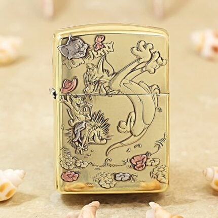 KZ117 high-polish brass Zippo Armor lighter with Tom and Jerry garden engraving