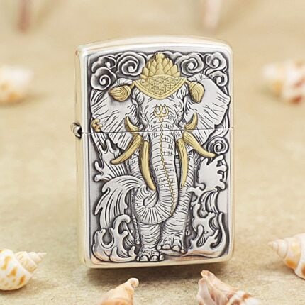 KZ127 silver-tone Zippo Armor lighter with elephant relief and gold-tone headdress
