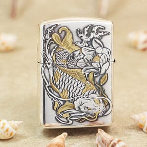 KZ136-01 Metal Zippo-style lighter with an embossed koi fish and floral design in gold and silver tones.
