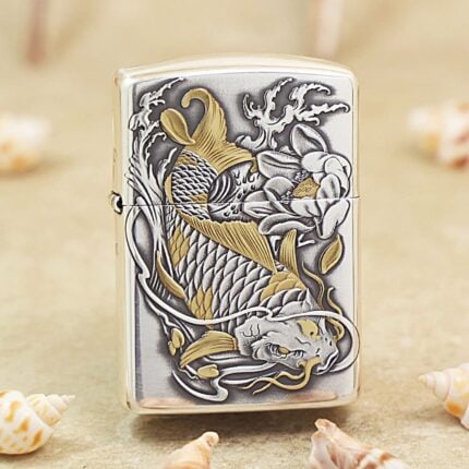 KZ136 silver-tone Zippo Armor lighter with raised gold-tone koi fish, waves and flowers