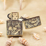 KZ173 high-polish brass Crusades Zippo Armor lighter shown open