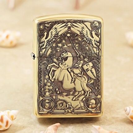 KZ173 Crusades engraved brass Zippo Armor lighter, front view