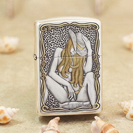 KZ186 cowgirl engraved Zippo Armor lighter, front view
