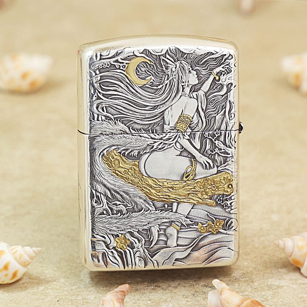 Zippo Etching Silver With Gold Nine-tailed Fox Lighter