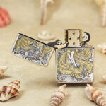 KZ208 floral and fox-spirit engraving on silver-tone Zippo Armor lighter