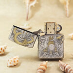 Open Mythological Figures Zippo Armor lighter showing the front artwork