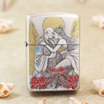 Silver-tone Red Spider Lily Zippo Armor lighter with engraved floral artwork