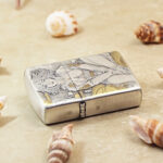 Angled view of the Motorbike Girls Zippo Armor lighter with gold-tone details