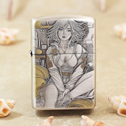 Silver-tone Motorbike Girls Zippo Armor lighter with engraved artwork and gold-tone accents