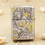 Close-up of the traditional beauty and ornate hairpin engraving on the Zippo Armor lighter