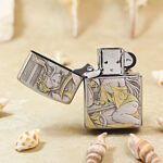Open Golden Hairpin Beauty Zippo Armor lighter showing the front portrait artwork