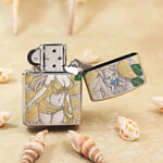 Open silver-tone Zippo Armor lighter showing the reverse beach-themed engraving